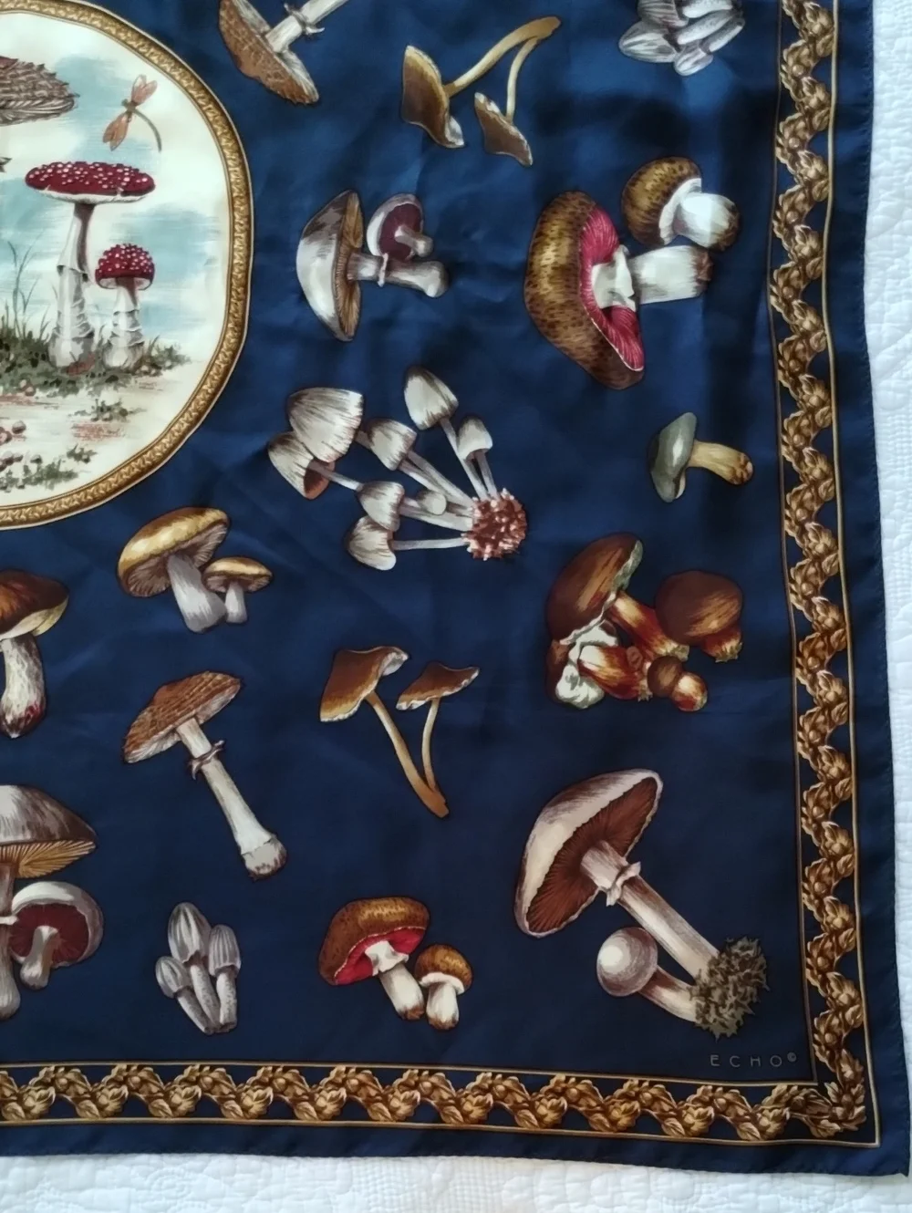 Echo Navy Blue Mushroom Print Silk Scarf